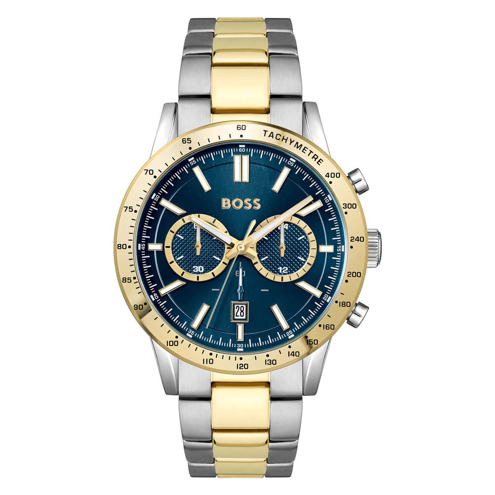 BOSS Allure Chronograph 44mm Blue Dial Yellow Gold Bezel Steel Bracelet Watch image number 0