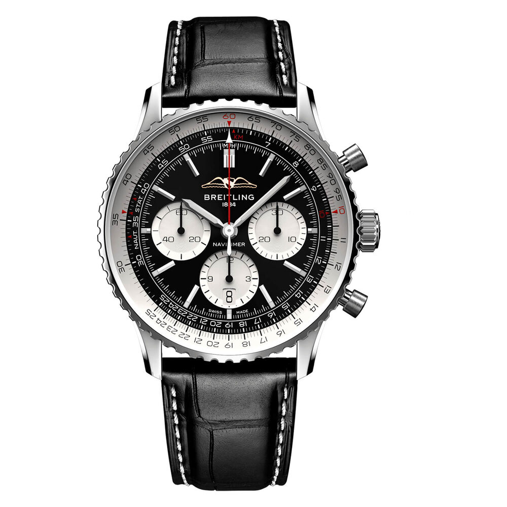 Breitling Navitimer B01 Chronograph 43 Black Dial Silver Details Black Strap Watch