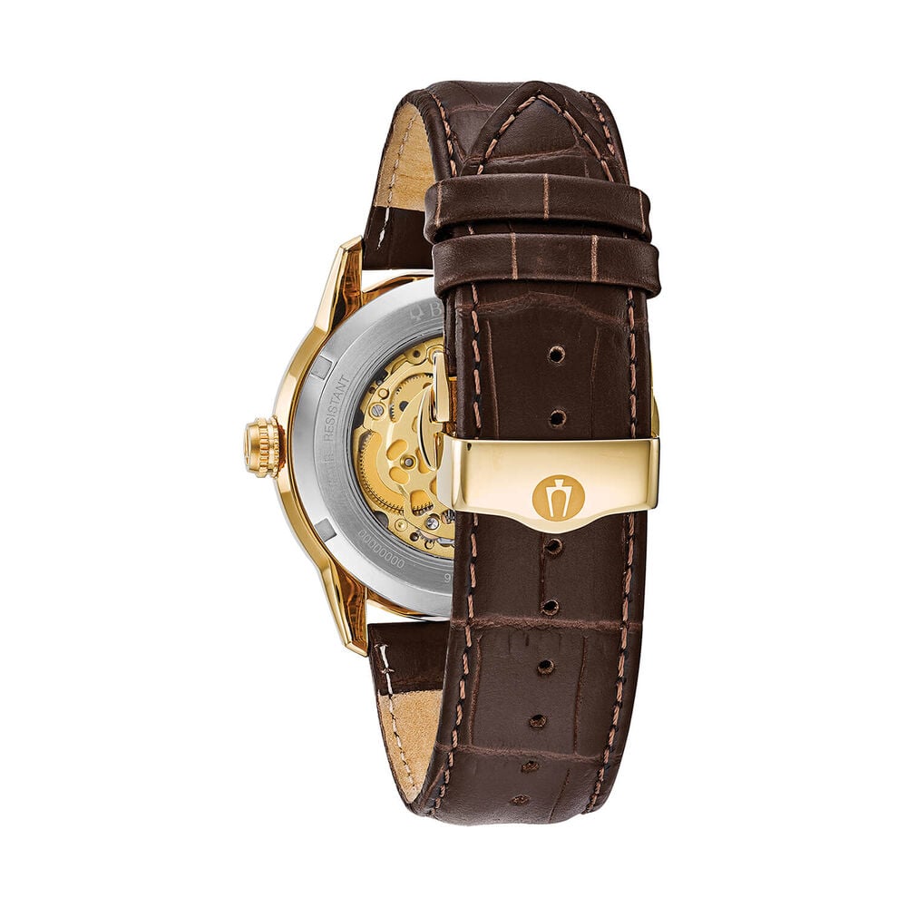 Bulova Sutton Automatic 43mm Silver Skeleton Dial Gold Tone Case Brown Leather Strap Watch image number 1