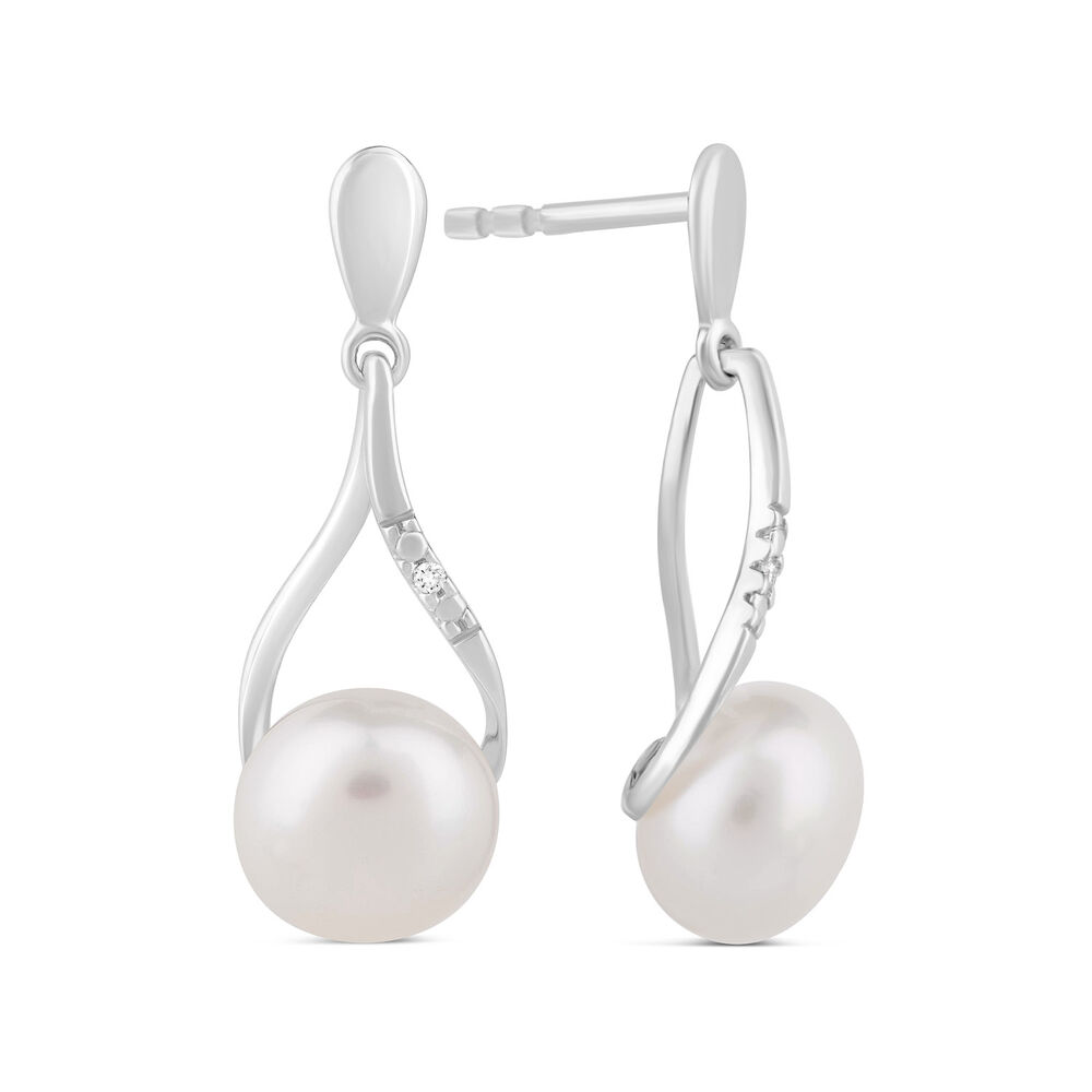 9ct White Gold Diamond & Pearl Teardrop Earrings image number 2