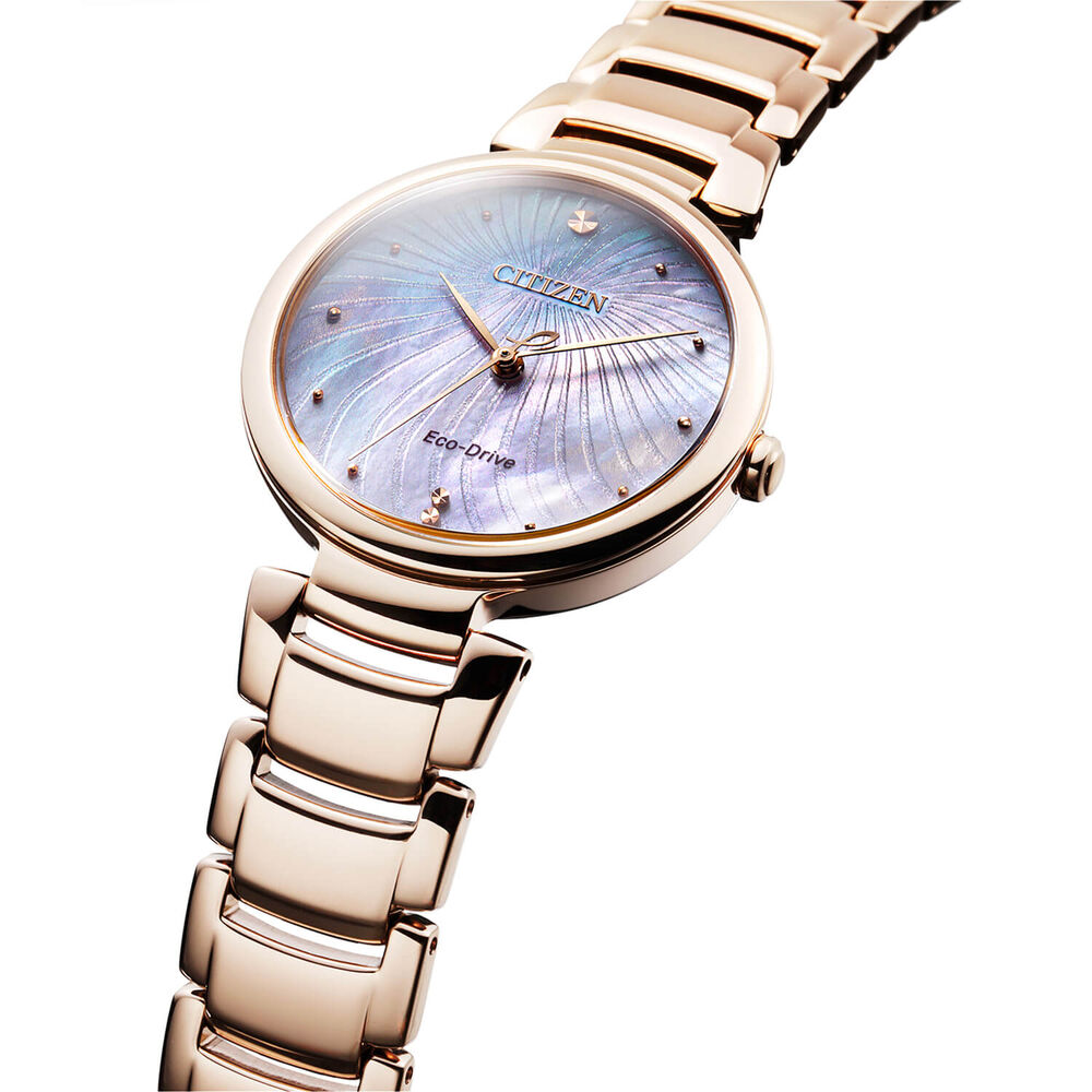 Citizen Eco-Drive Mother of Pearl Dial Rose Gold PVD Case Bracelet Watch image number 3