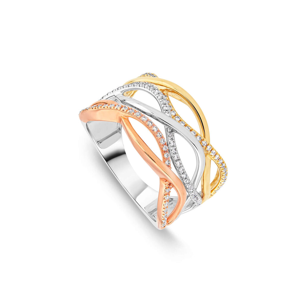 9ct Three Colour Gold 0.25ct Diamond Open Plaited Ring