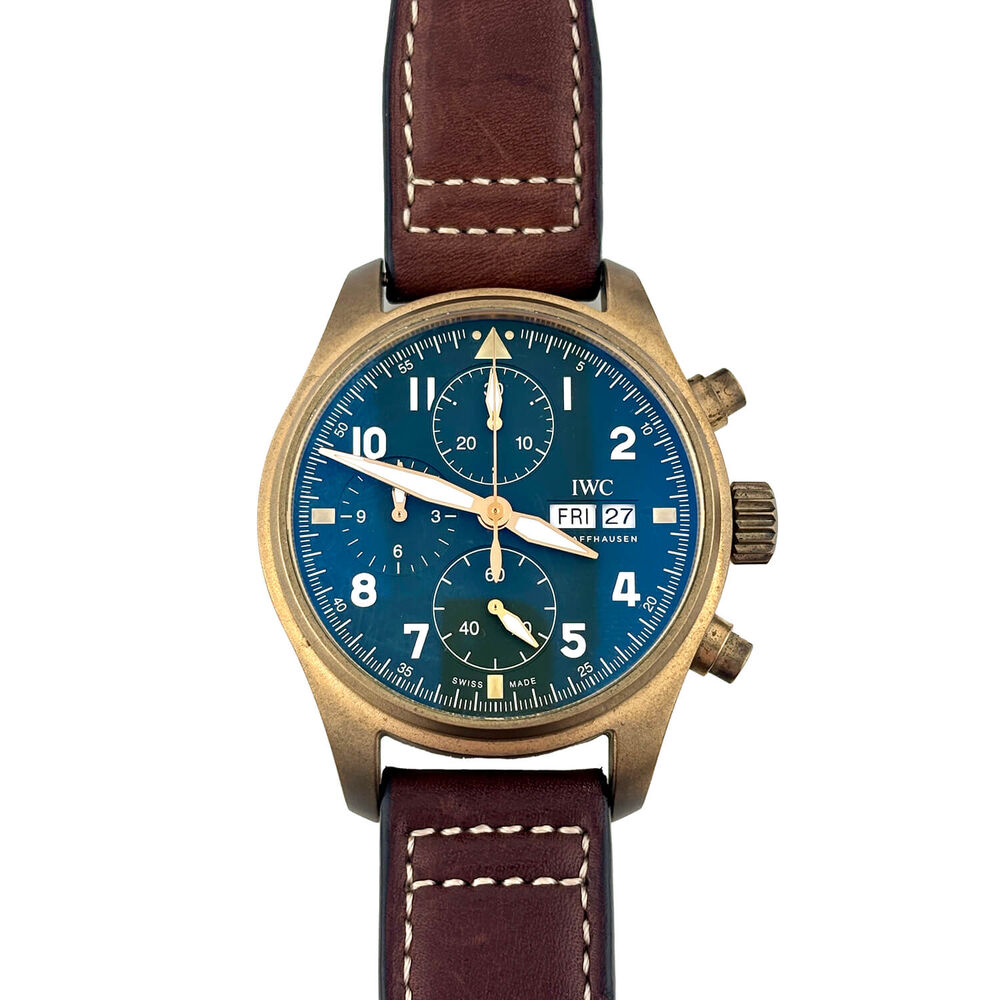 Pre-Owned IWC Schaffhausen Pilot's Watch Chronograph Spitfire Green Dial Brown Strap Watch