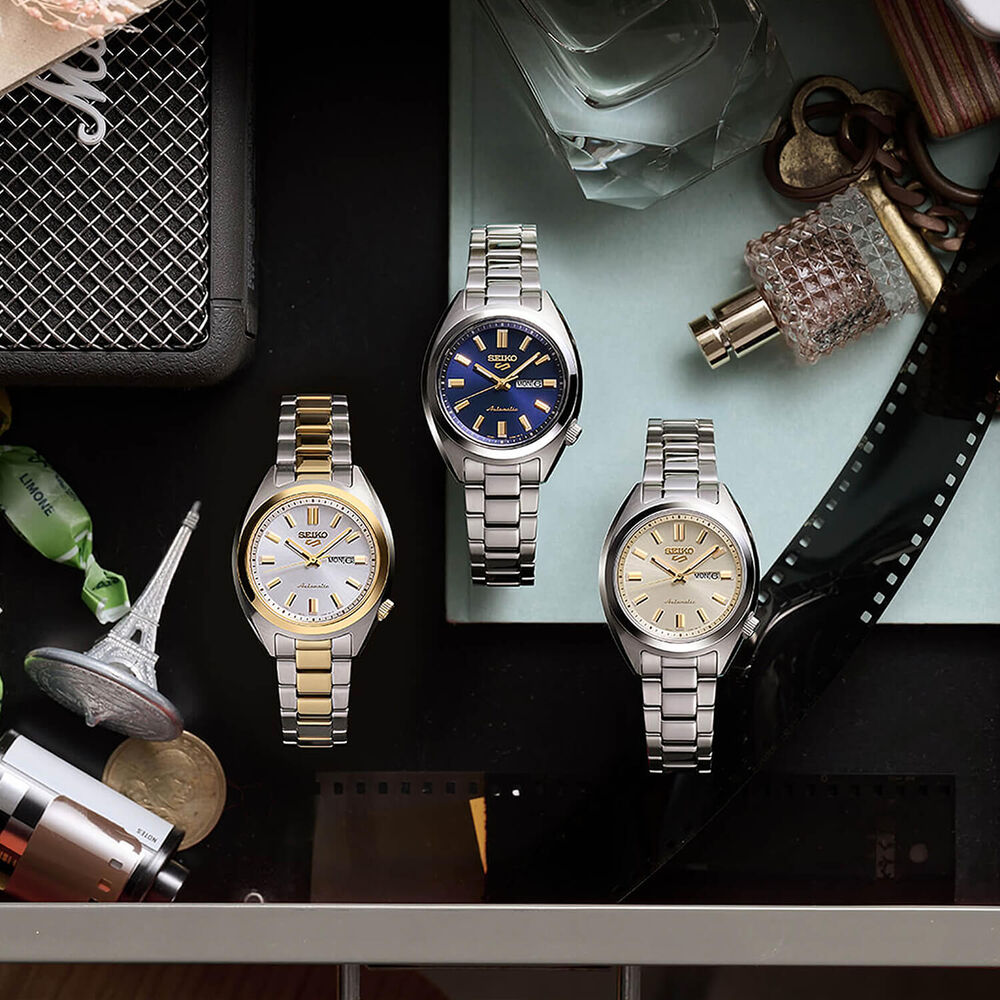 Seiko 5 Sports ‘Hebitama’ SNXS Mixed Metal 32mm Silver Dial Two Tone Steel Bracelet Watch image number 3