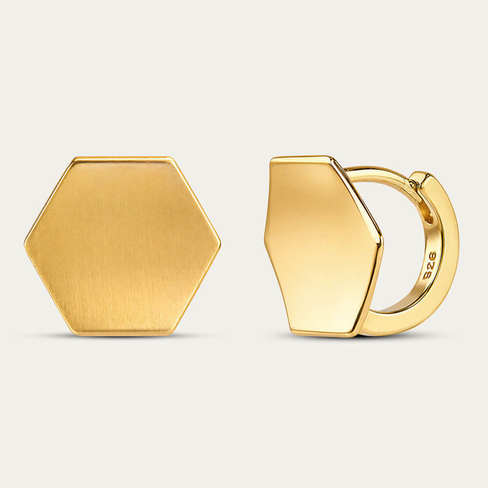 Yellow Gold Plated Sterling Silver Matt Hexagon Shape Stud Earrings