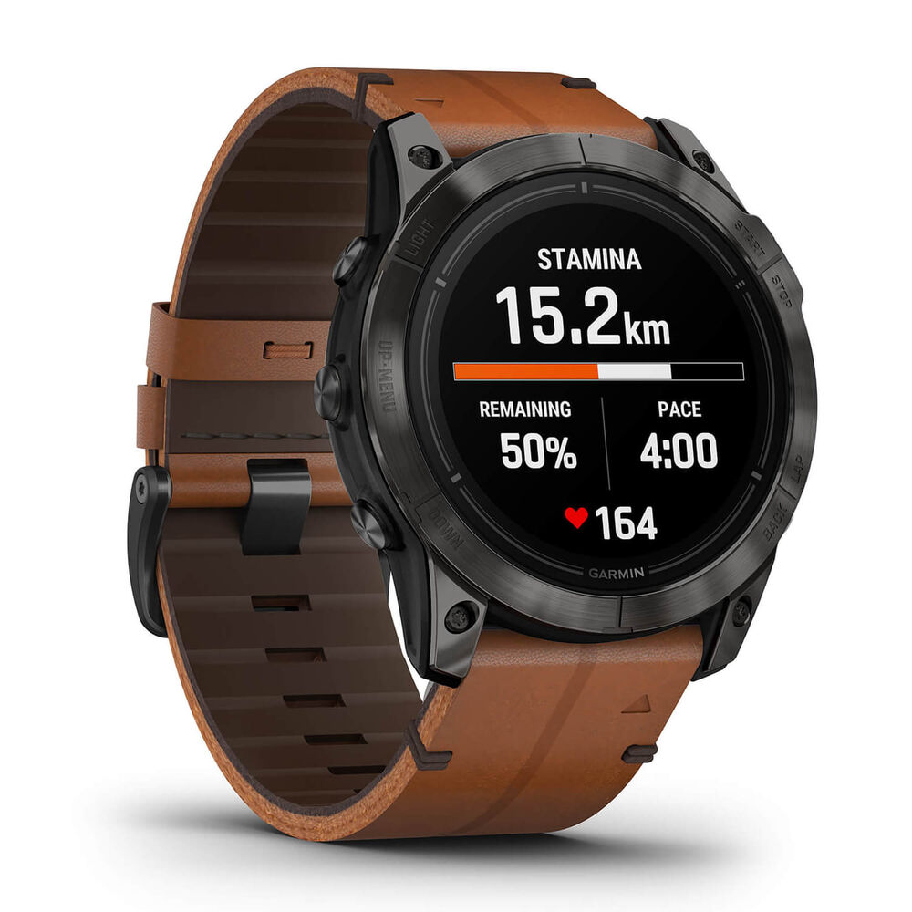 Garmin Epix Pro Gen 2 Sapphire 51mm DLC Titanium Case Brown Leather Strap Watch image number 4