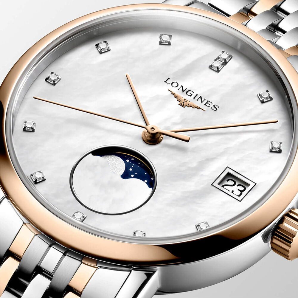 Longines Elegant 30mm MOP Dial Moonphase Diamond Dots Two Tone Steel Bracelet Watch image number 2