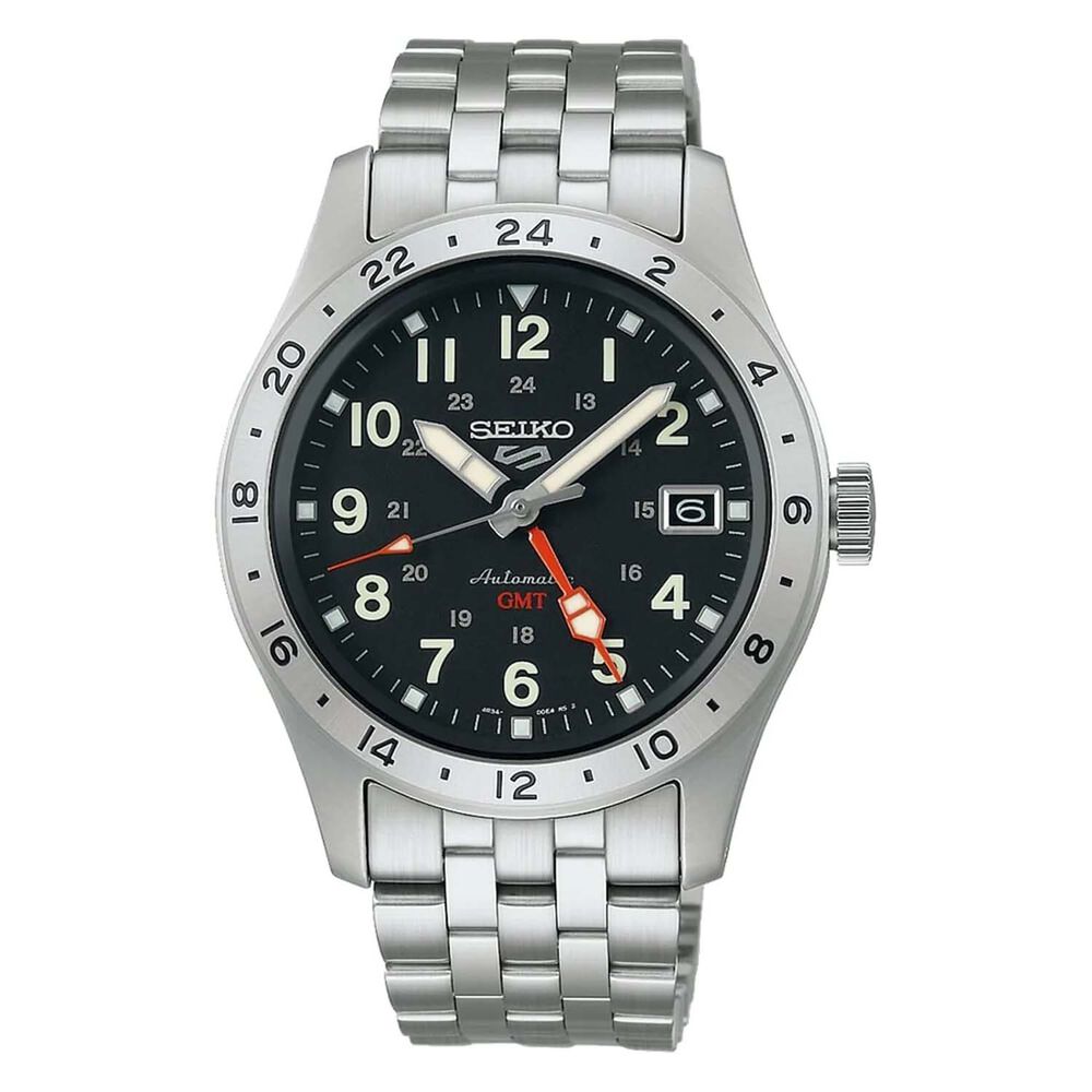 Seiko 5 Sports Field 'Deploy' Mechanical GMT 39.4mm Black Dial Steel Bracelet Watch