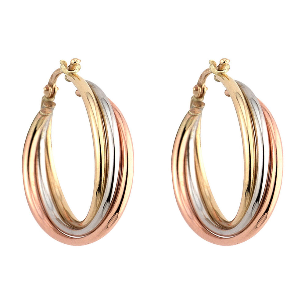9ct three colour gold small Russian hoop earrings