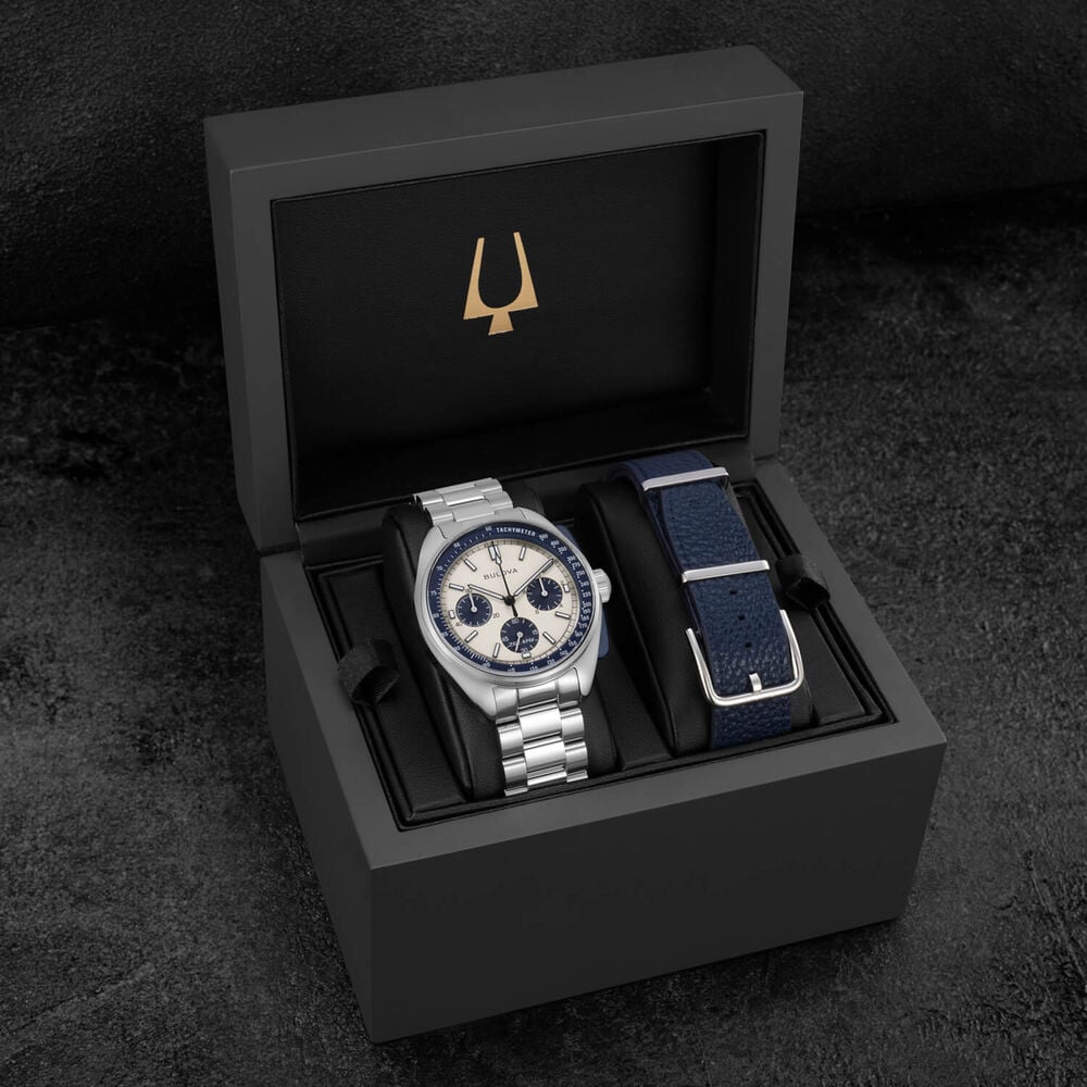 Bulova Lunar Pilot 43.5mm Blue & Silver Dial Steel Bracelet & Blue Leather Strap Set Watch image number 9