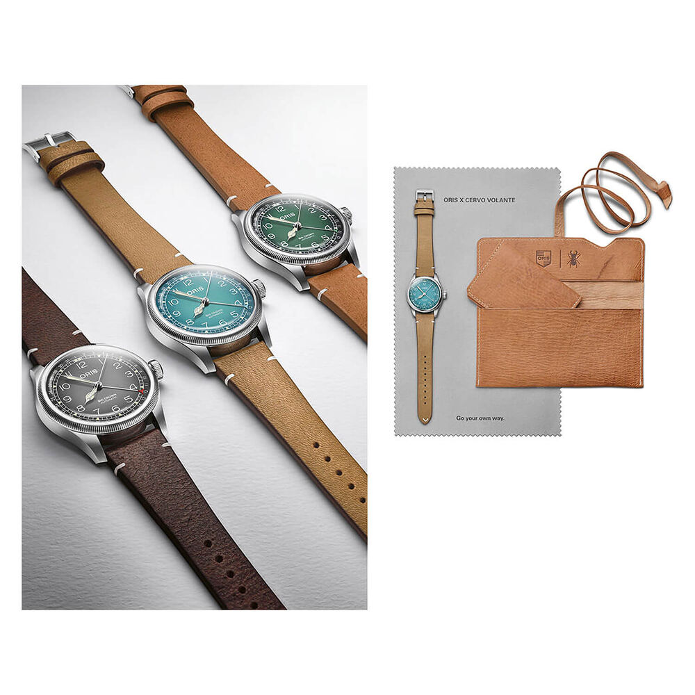 Pre-Owned Oris Big Crown 38mm Light Blue Dial Steel Case Tan Strap Watch