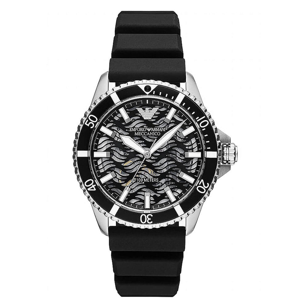 Emporio Armani Diver 42mm Black Wave Dial Silicone Strap Watch