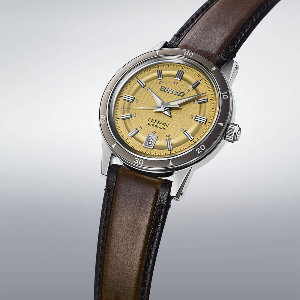 Seiko Presage Style 60s 'Golden Yellow' 39.5mm Dial Brown Leather Strap Watch image number 2