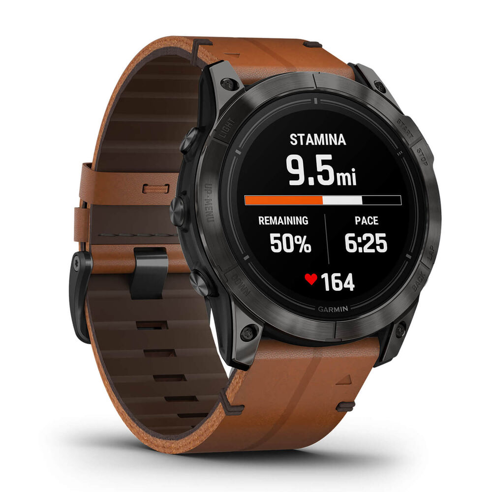 Garmin Epix Pro Gen 2 Sapphire 51mm DLC Titanium Case Brown Leather Strap Watch image number 9