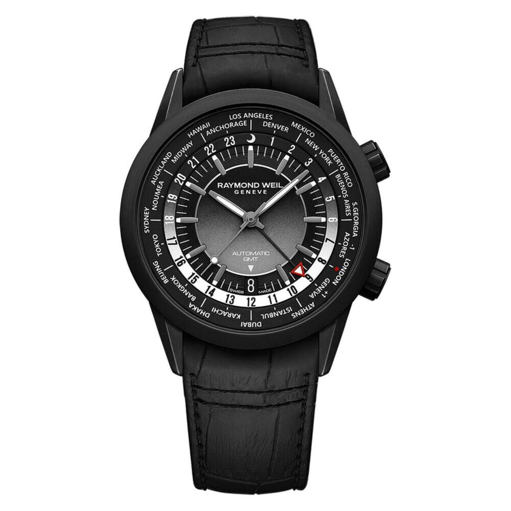 Raymond Weil Freelancer GMT 40.5mm Black Dial Leather Strap Watch