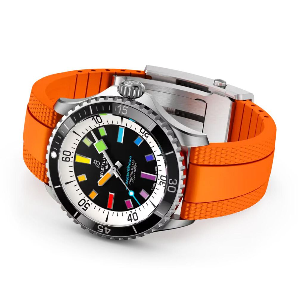 Breitling Superocean 42mm Black Dial Rainbow Indexes Orange Rubber Strap Watch image number 2