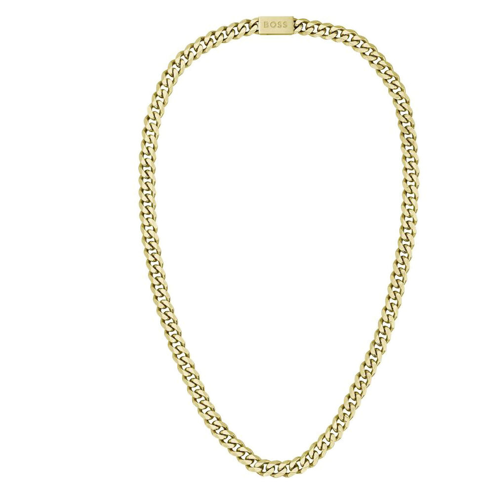 BOSS Light Yellow Gold Plated Curb Chain Logo Necklace