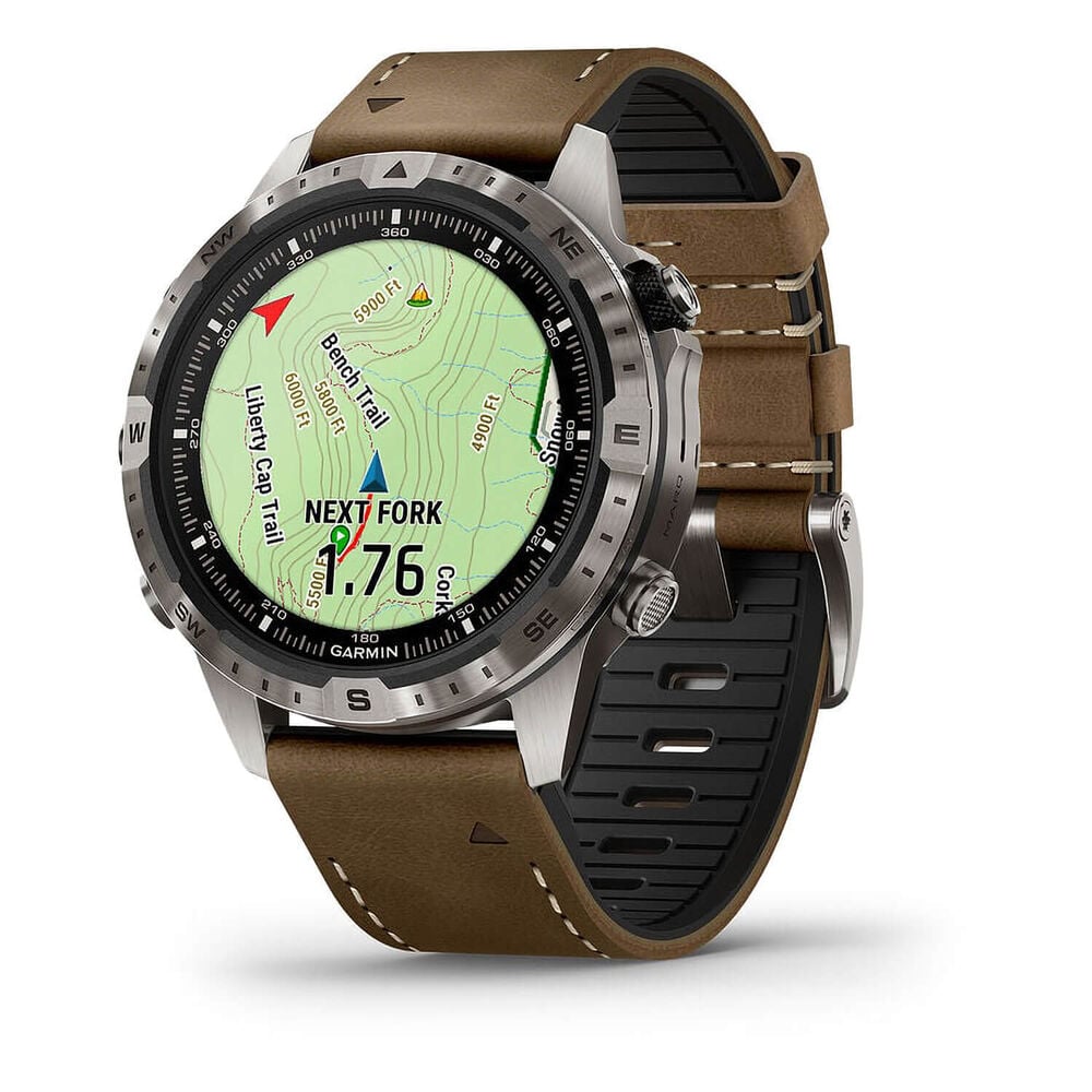 Garmin MARQ® Adventurer (Gen 2) 46mm Titanium Case Brown Hybrid Strap Watch image number 3