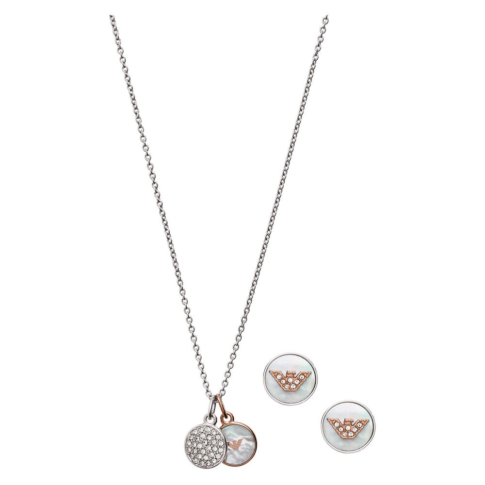 Emporio Armani Disc Mother of Pearl Ladies Necklace & Earring Set