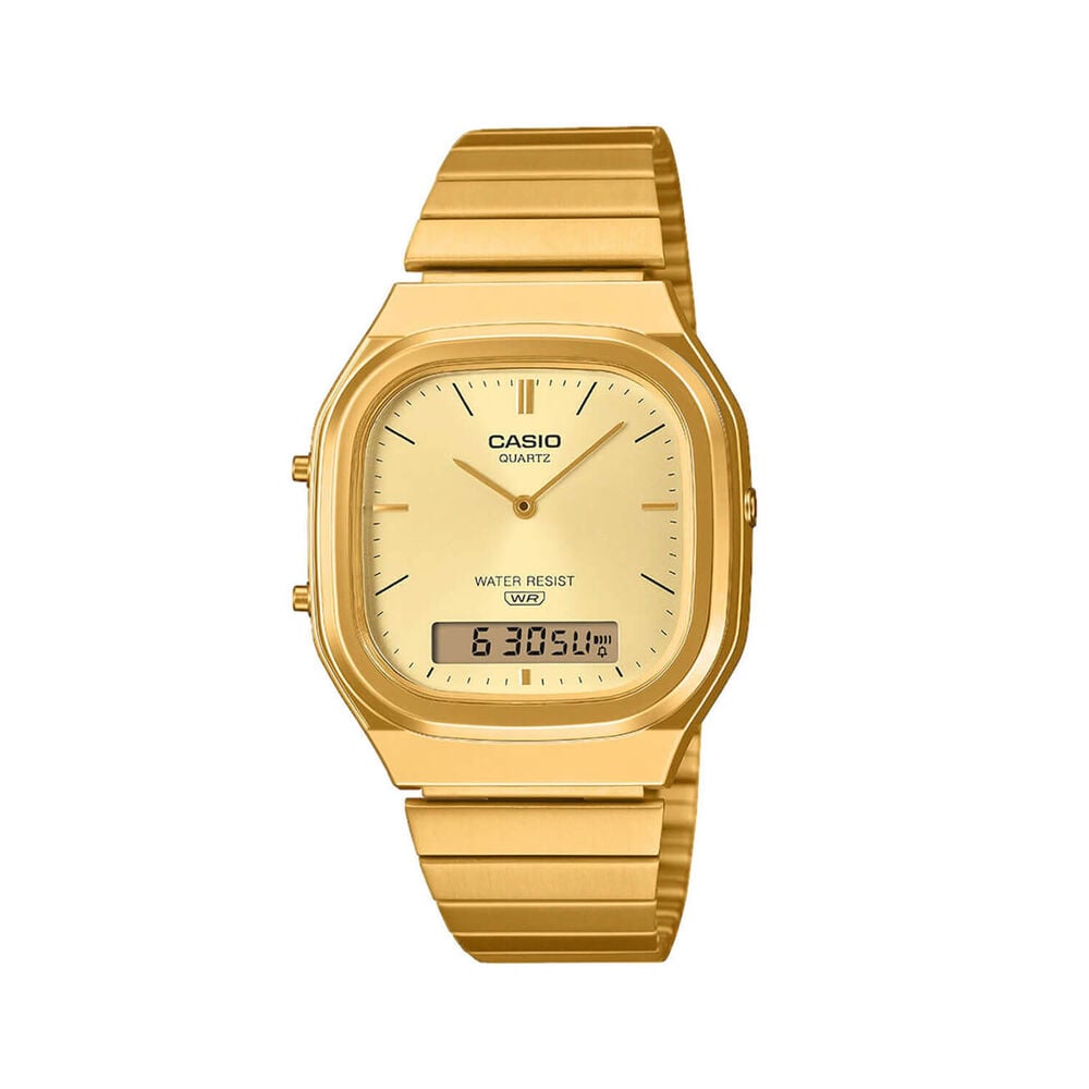 Casio Vintage 40.9x35.8mm Gold Dial Dual Display Gold Tone Stainless Steel Bracelet Watch
