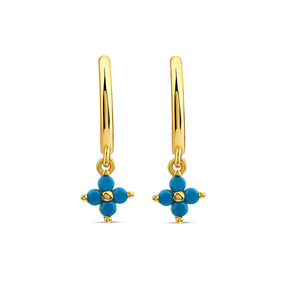Yellow Gold Plated Blue Flower Hoop Earrings image number 0