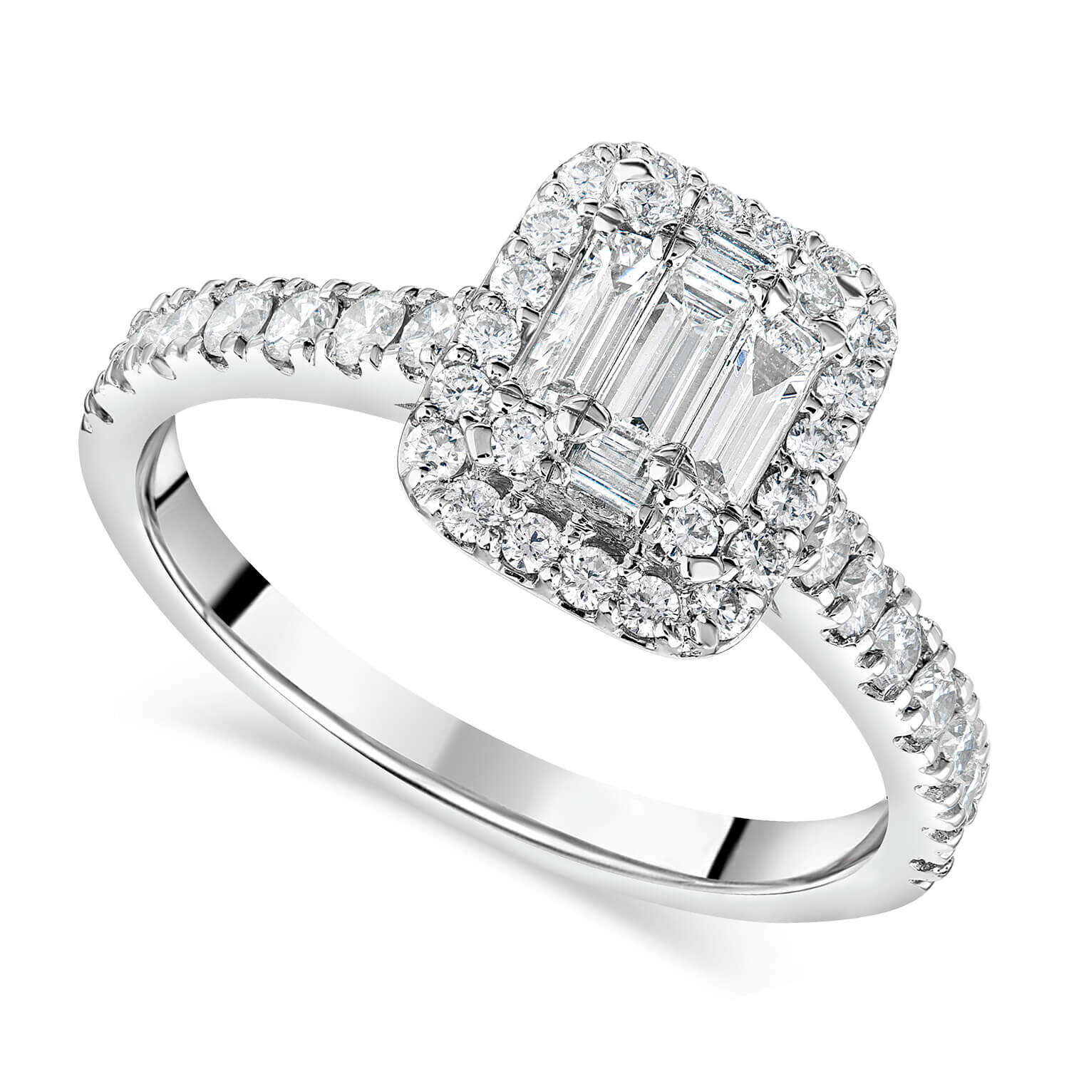 Emerald cut cluster engagement clearance rings