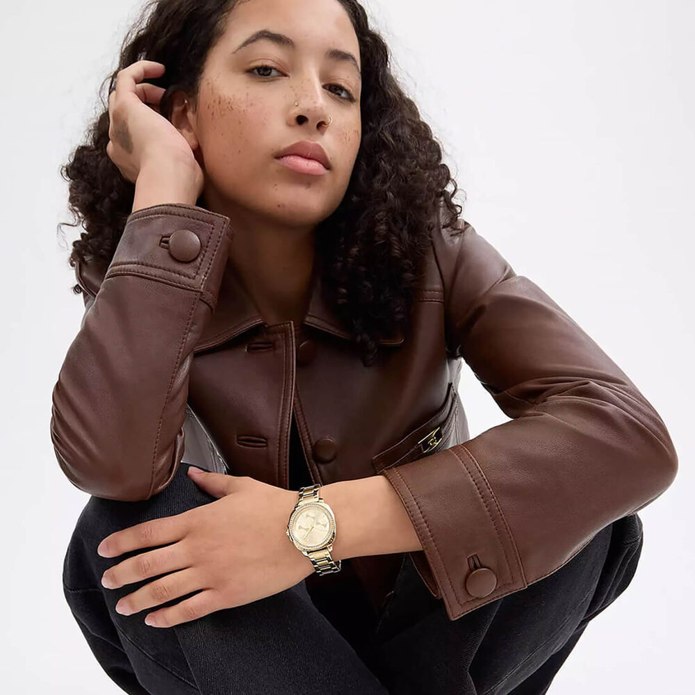 Coach Kitt 34mm Gold Dial Crystal Bezel Gold Tone Steel Bracelet Watch