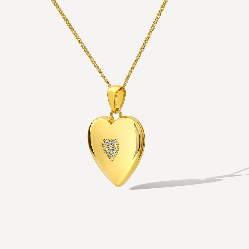 Yellow Gold Plated Sterling Silver Cubic Zirconia Centre Heart Locket Pendant