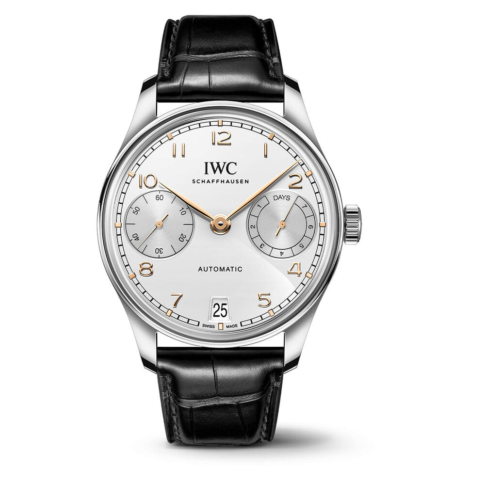 IWC Schaffhausen Portugieser Automatic 42 Silver Moon Dial Black Alligator Leather Strap Watch