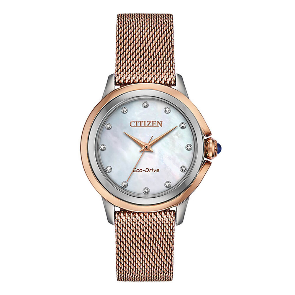 Citizen Eco Drive 32mm White Mother Of Pearl Dial Steel & Rose Gold IP Case Watch