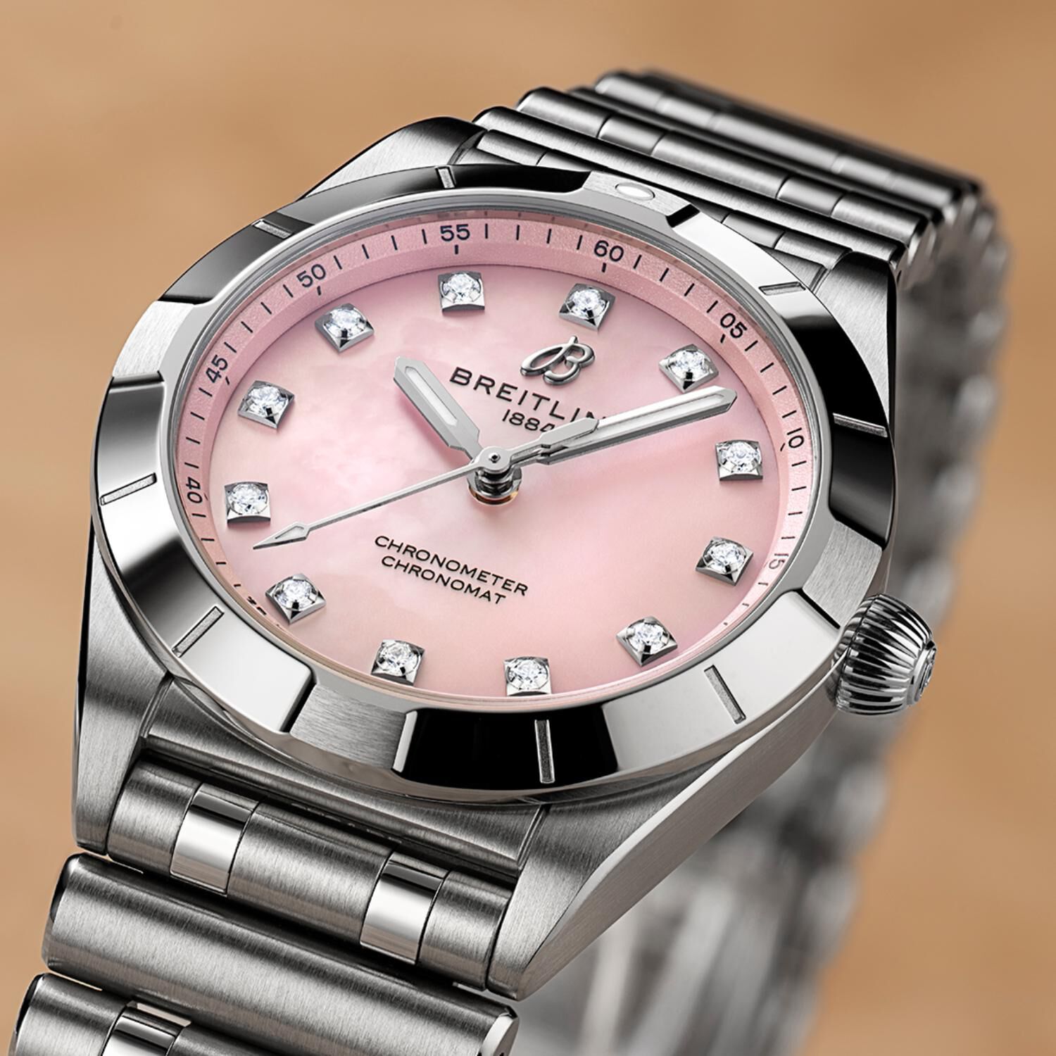 Breitling Chronomat 28mm Pink MOP Dial Diamond Watch