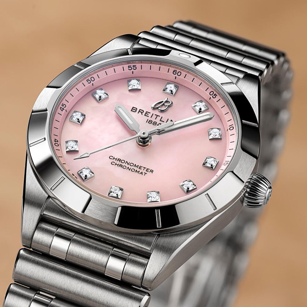 Breitling Chronomat 28mm Pink MOP Dial Diamond Dots Steel Bracelet Watch image number 3