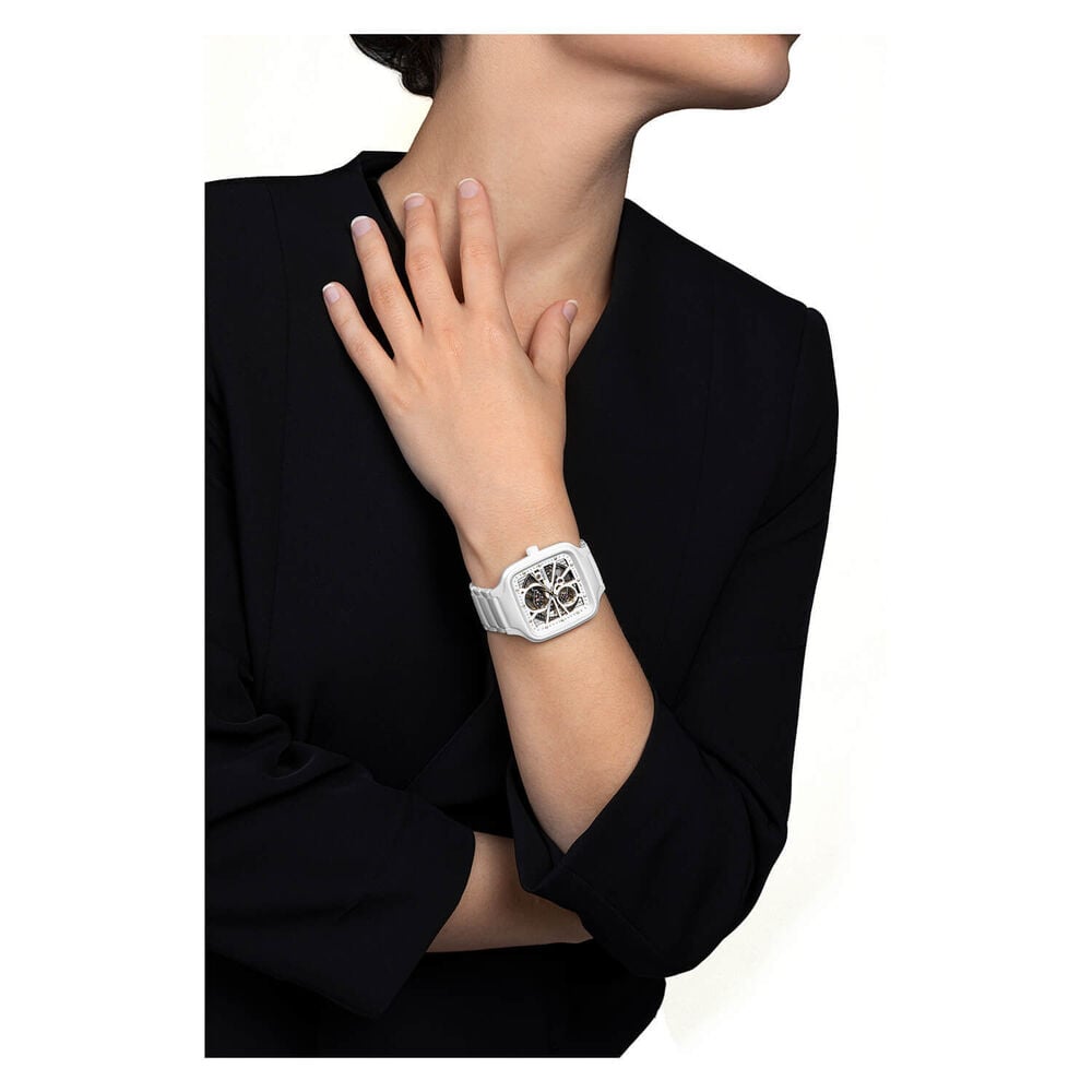 Rado True Square Automatic Open Heart 38mm Skeleton Dial White Ceramic Bracelet Watch image number 4