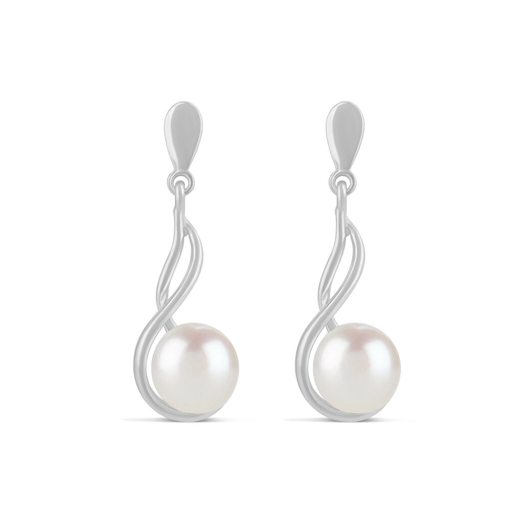 9ct White Gold Freshwater Pearl Note Drop Earrings image number 0