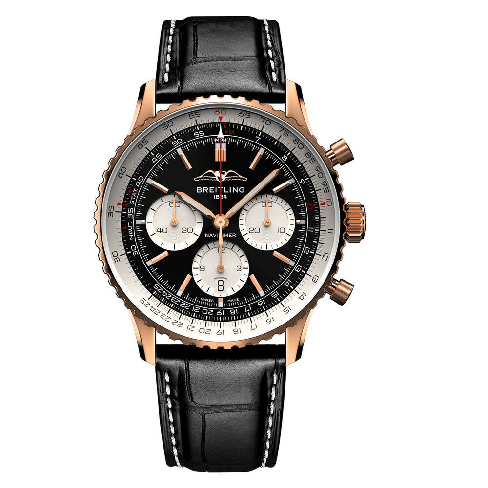 Breitling 18ct Navitimer B01 Chronograph 43 Black Dial Silver Details Black Strap Watch image number 0