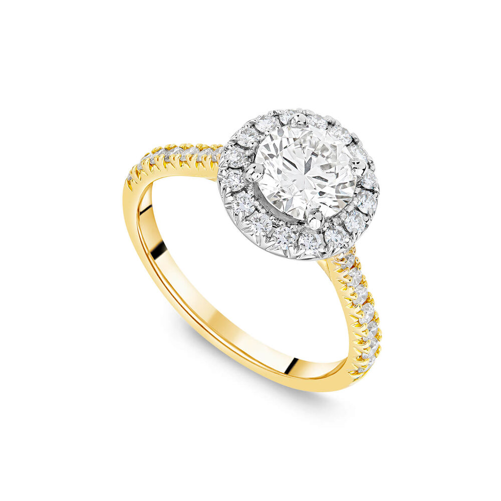 Born 18ct Yellow Gold 1.40ct Lab Grown Round Halo & Diamond Sides Ring image number 0