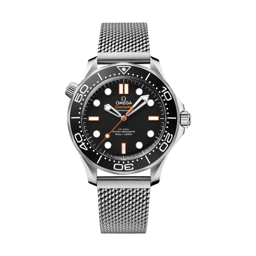 OMEGA Seamaster Diver 300M 42mm Black Dial Orange Details Steel Mesh Bracelet Watch image number 0