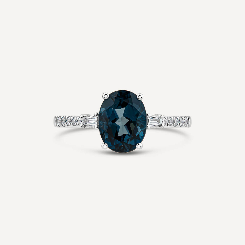 9ct White Gold London Blue Topaz & 0.12ct Tapered Baguette Diamond Sides Ring image number 1