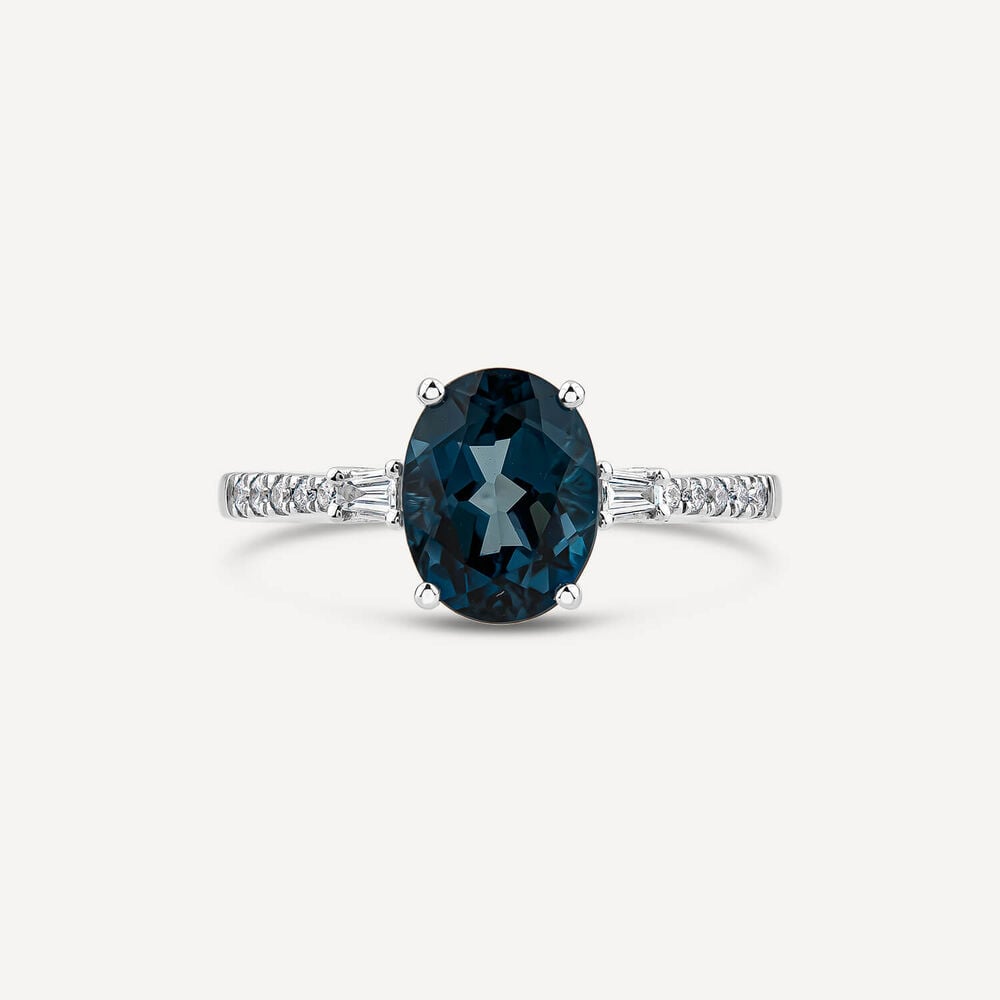 9ct White Gold London Blue Topaz & 0.12ct Tapered Baguette Diamond Sides Ring