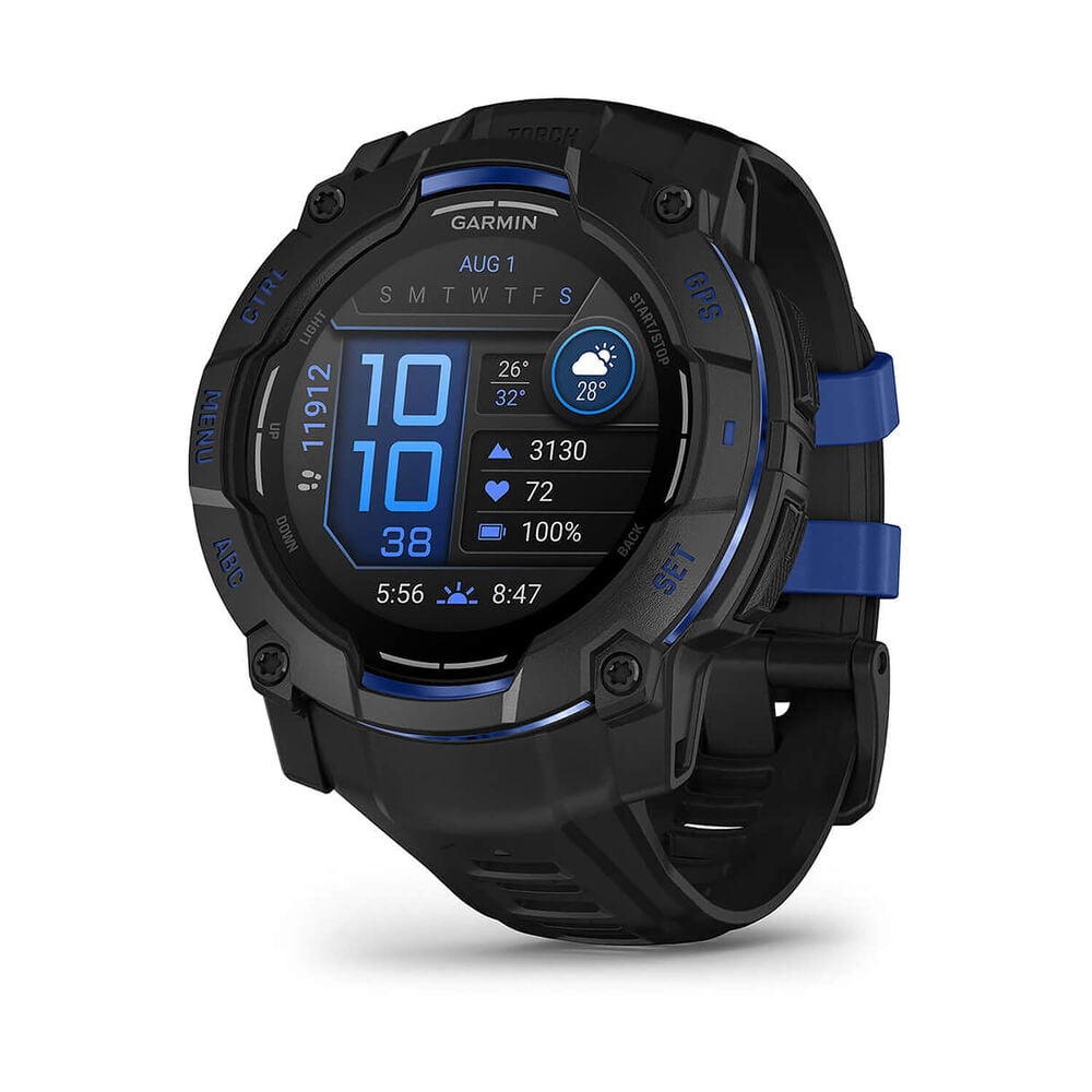 Garmin Instinct 3 50mm AMOLED Black Bezel Black & Bolt Blue Silicone Strap Watch image number 0