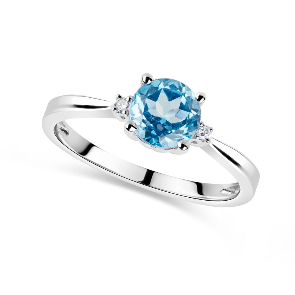 9ct White Gold Diamond and Blue Topaz Round Ring