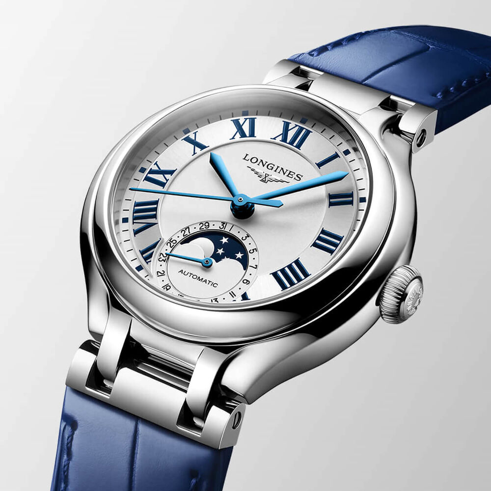 Longines Elegance Primaluna 34mm Moonphase Silver Dial Blue Leather Strap Watch image number 2