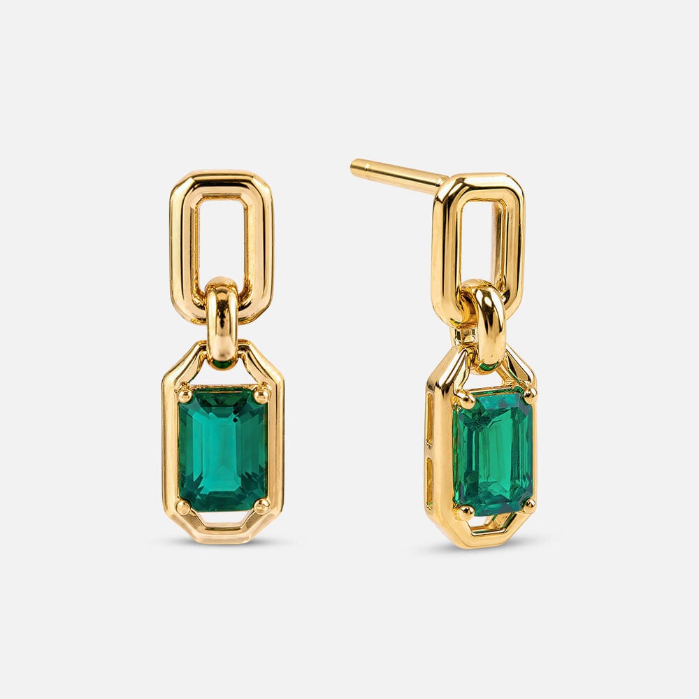 Yellow Gold Plated Vermeil Sterling Silver Created Emerald Rectangular Link Drop Earrings