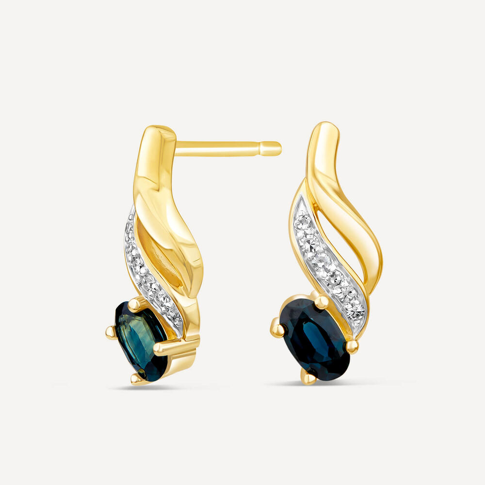 9ct Yellow Gold Oval Sapphire & 0.07ct Diamond Polished Twist Stud Earrings
