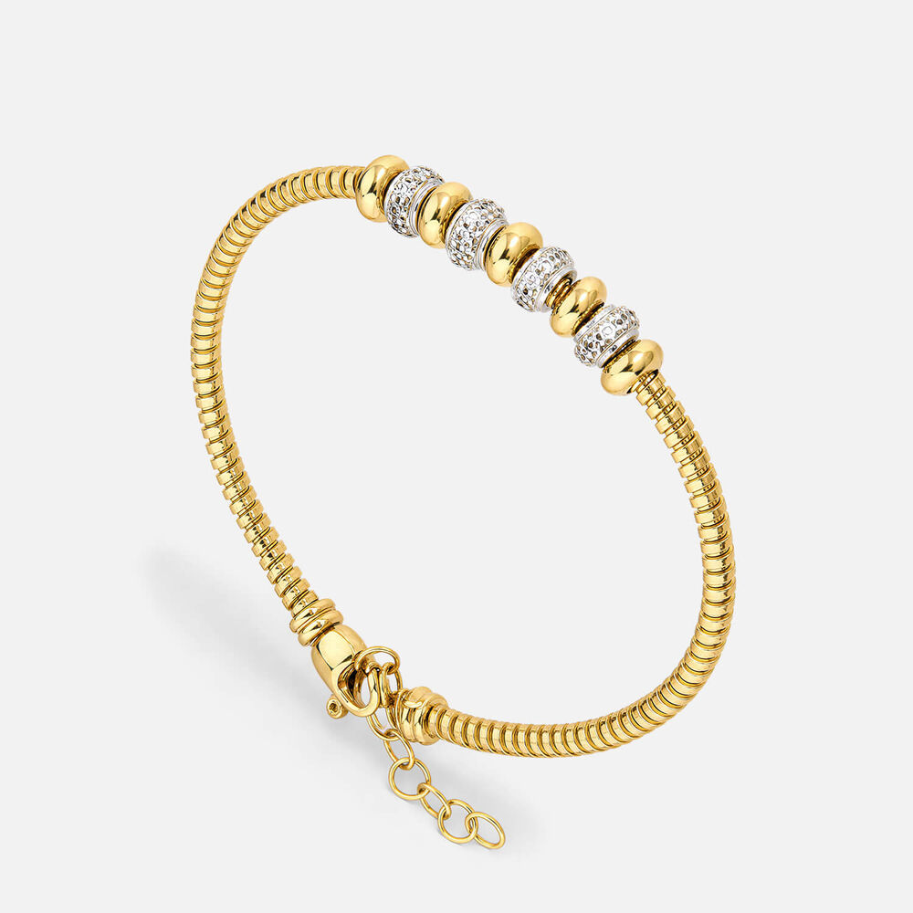Yellow Gold Plated Sterling Silver Cubic Zirconia Centre Bead Ribbed Bracelet