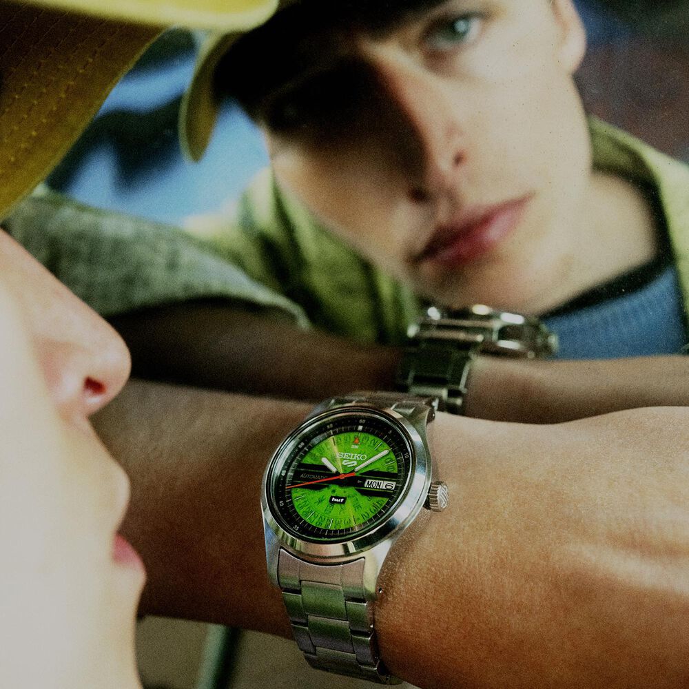 Seiko 5 Sports x HUF II Limited Edition Collaboration 39.4mm Green Dial Steel Bracelet Watch image number 5