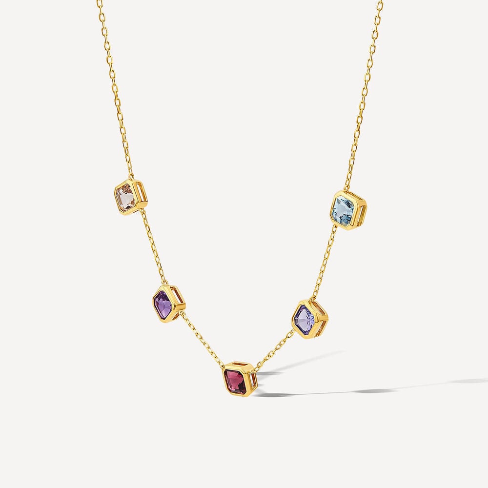 9ct Yellow Gold Multi Colour Five Stones Chain Necklet image number 1