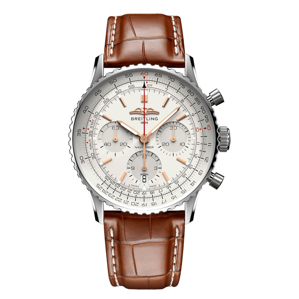Breitling Navitimer B01 Chronograph 41 Silver Dial Brown Strap Watch