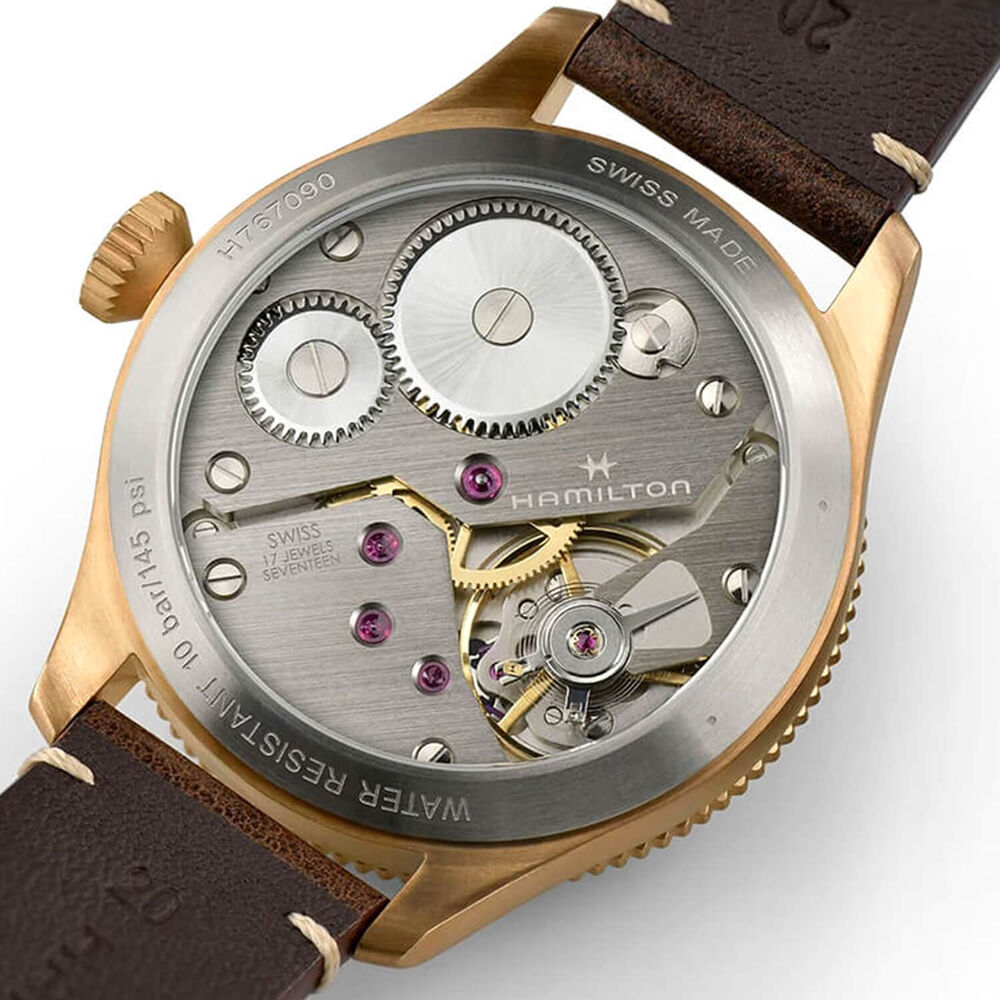 Khaki Aviation Pilot Pioneer Mechanical Bronze 43mm White Dial Brown Leather Strap Watch image number 5
