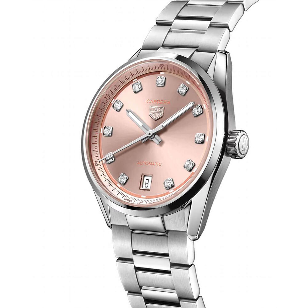 TAG Heuer Carrera Date 36mm Pink Dial Diamond Dots Stainless Steel Bracelet Watch image number 2